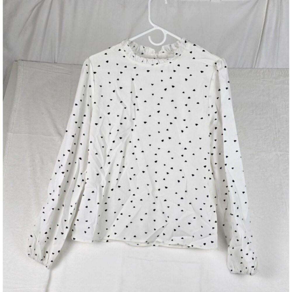 Long Sleeve Blouse Women Large White Black Heart Print Ruffle Neck